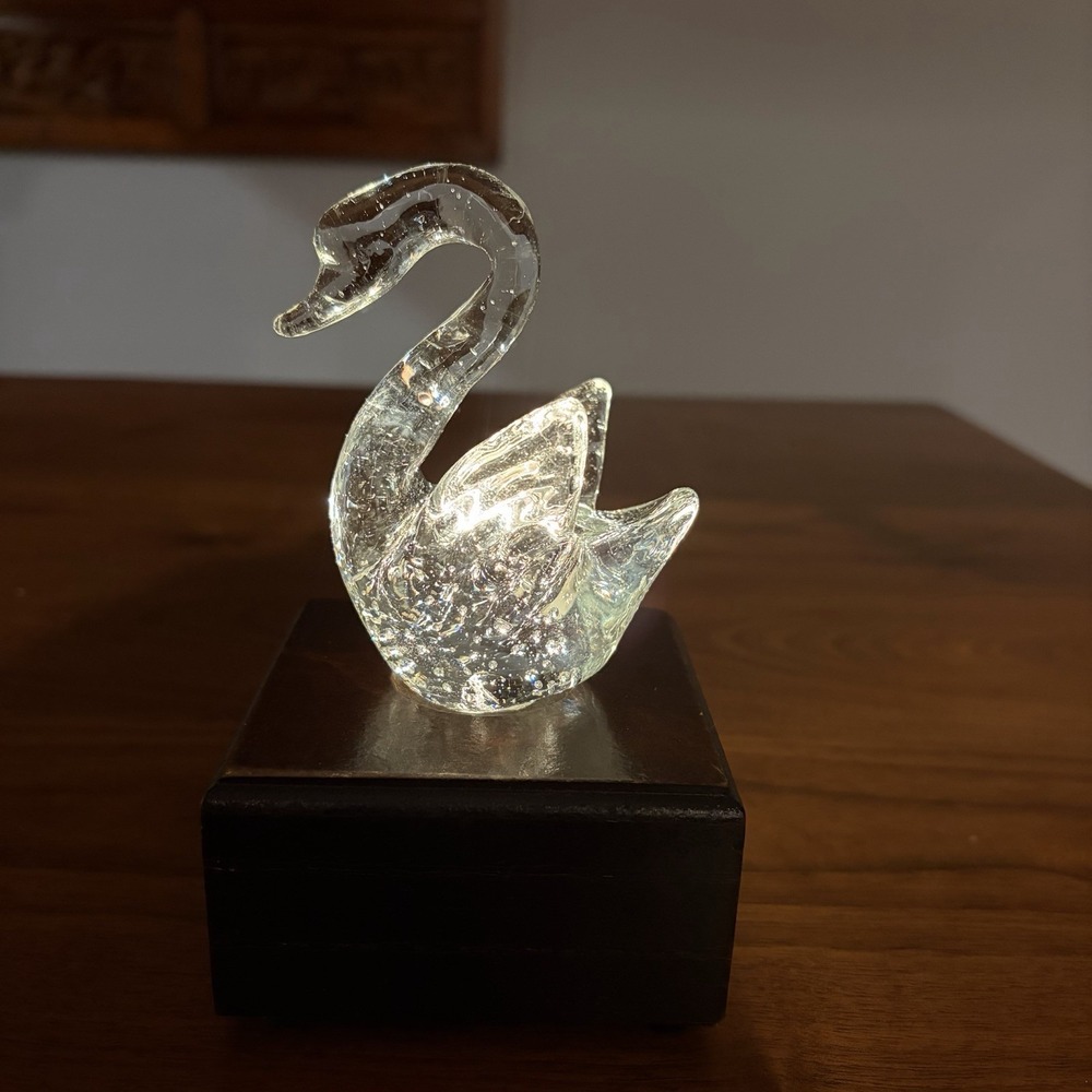 Vintage Crystal Swan Light Hand Blown Bubble Design Wood Stand Battery operated
